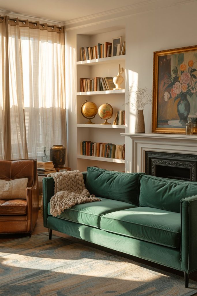 "Elegant living room styled with personal touches—unique decor, artwork, and furniture that reflect the homeowner’s personality. The color palette feels cohesive and luxurious, blending base, accent, and neutral tones in harmony. The space should feel warm, inviting, and unique, not like a showroom but like a personalized luxury home."