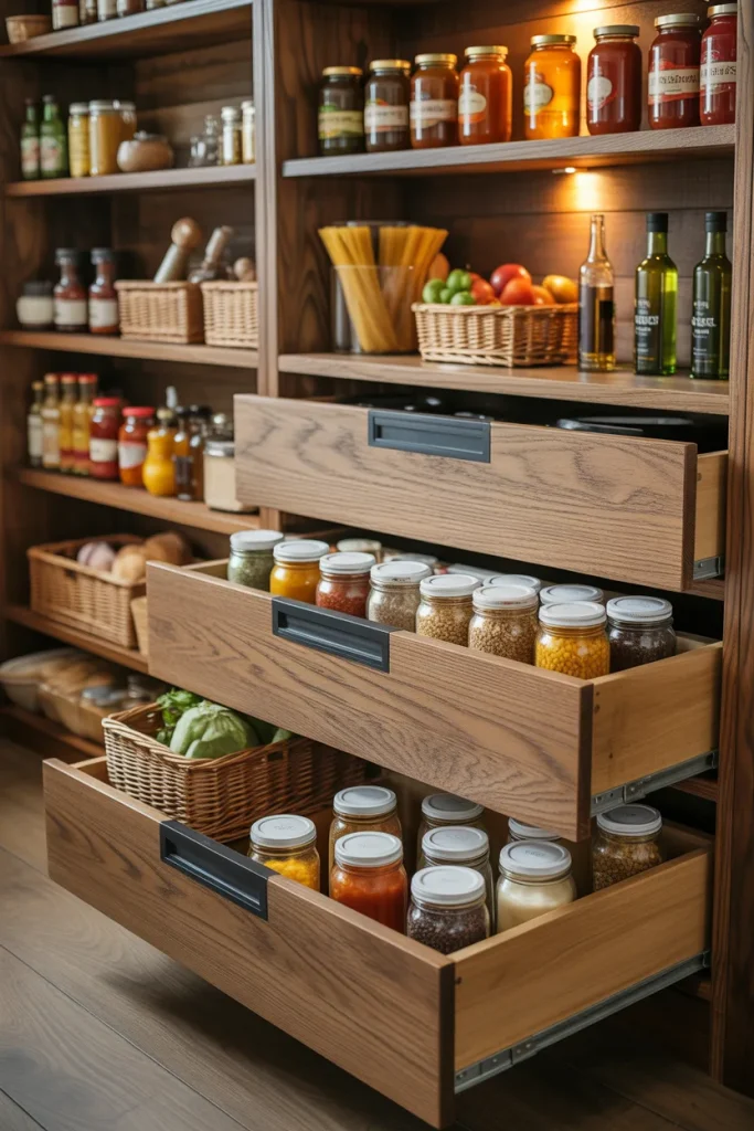 13. Farmhouse Pantry with Pull-Out Wooden Drawers