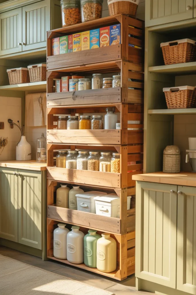 14. Reclaimed Wood Crates for Rustic Pantry Storage