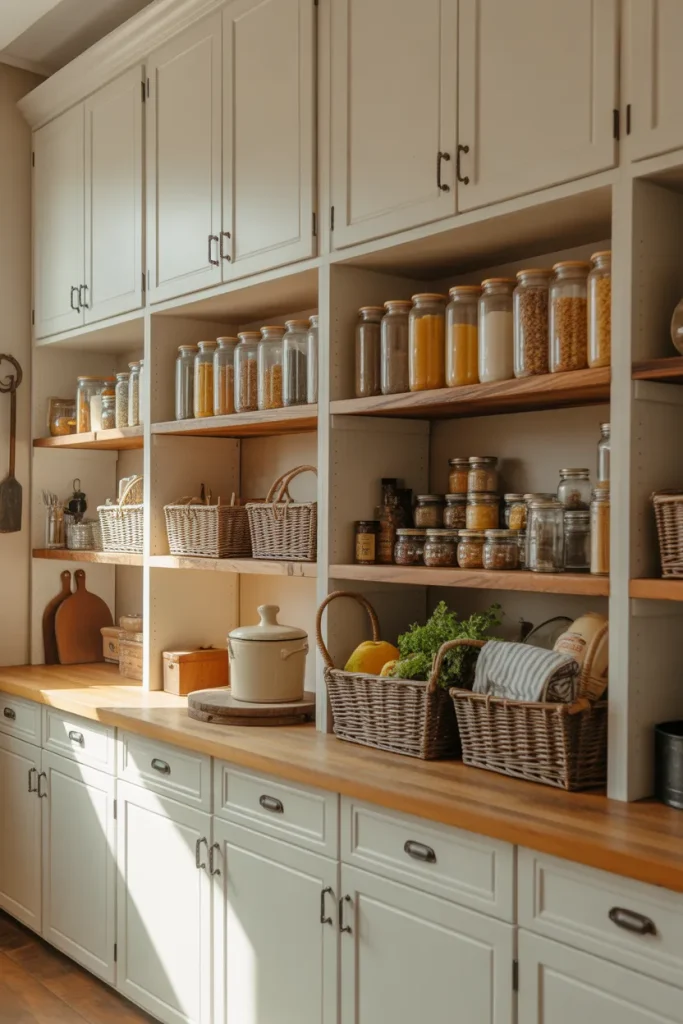 2. White Pantry Cabinets with Rustic Accents