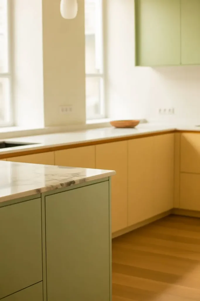 3. Soft Color Kitchens Instead of Sharp Contrast