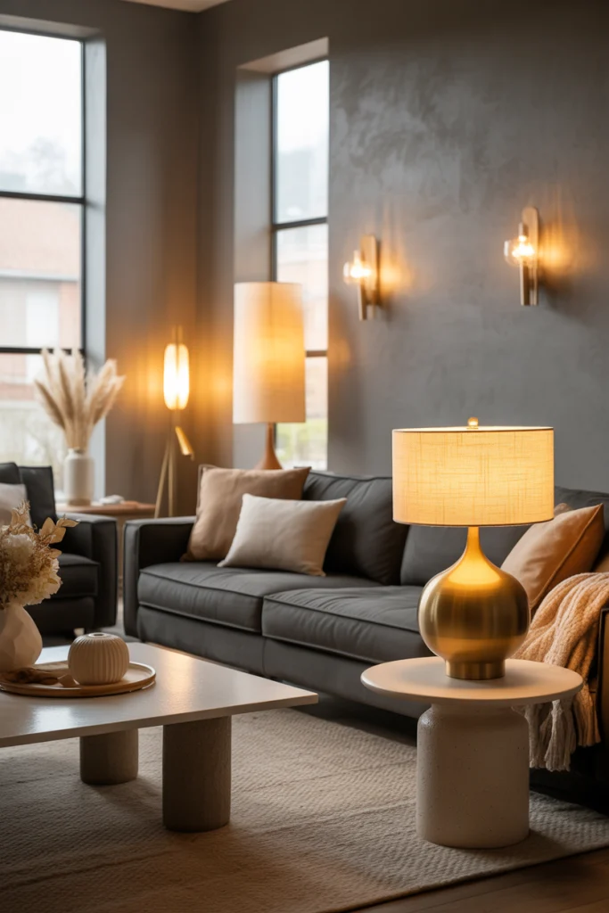 6. Lighting That Warms Gray Instead of Washing It Out