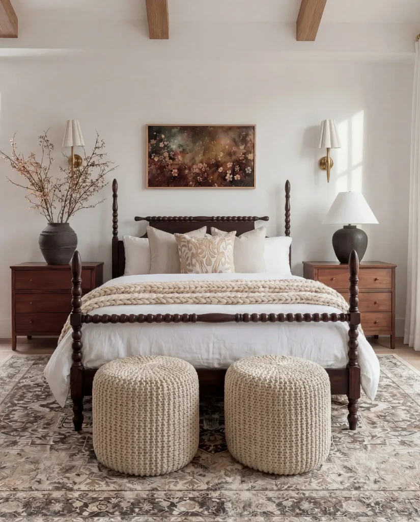 8. Dark Wood Bed for Rich Contrast