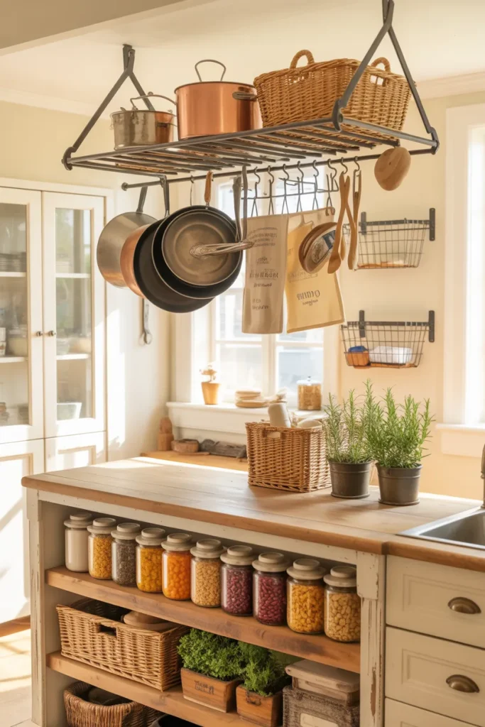 8. Hanging Pot Racks with Pantry Hooks