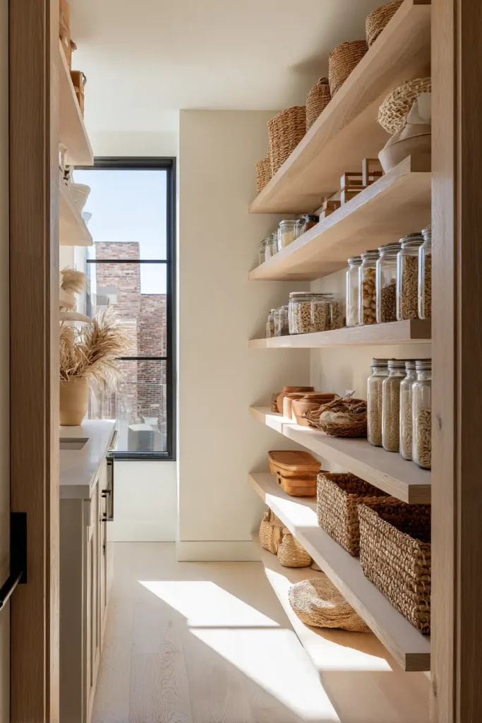 Modern Narrow Pantries with Wood Accents