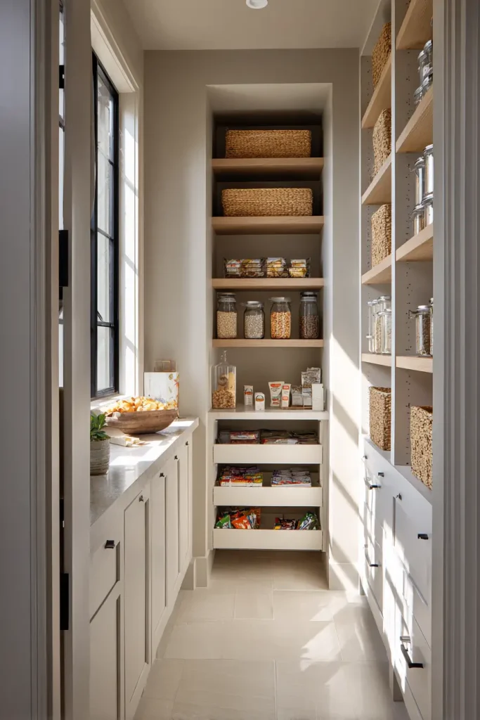 Narrow Walk-In Pantries with Built-In Drawers