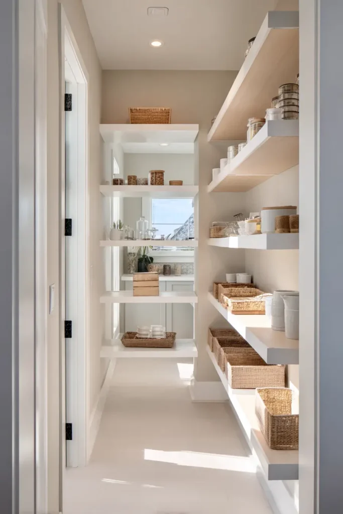 Narrow Walk-In Pantries with Clean Modern Lines