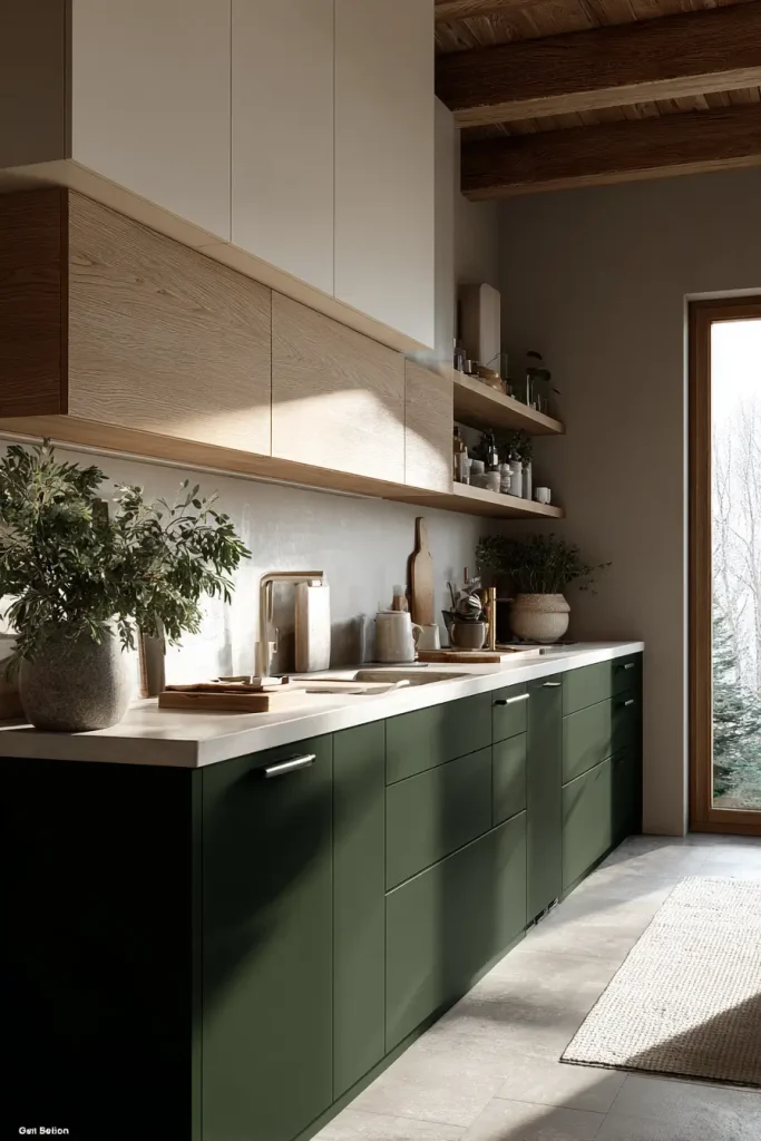 1. Dark Green Lower Cabinets