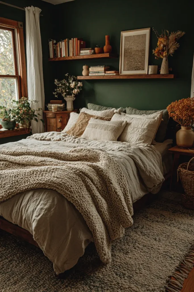 1. Deep Forest Green Walls + Raw Wood Accents