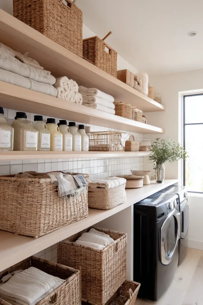 1. Open Shelves for an Airy Laundry Room Look