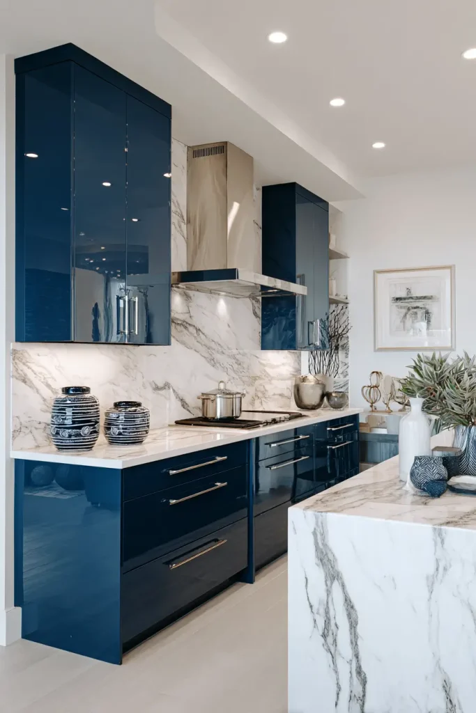 14. Combine Blue Cabinets with Marble for a High-End Feel