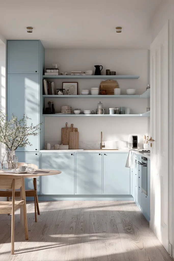 2. Soft Powder Blue for Small Kitchens That Need Light