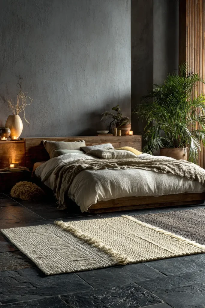 3. Dark Slate Flooring + Plush Contrast Rugs