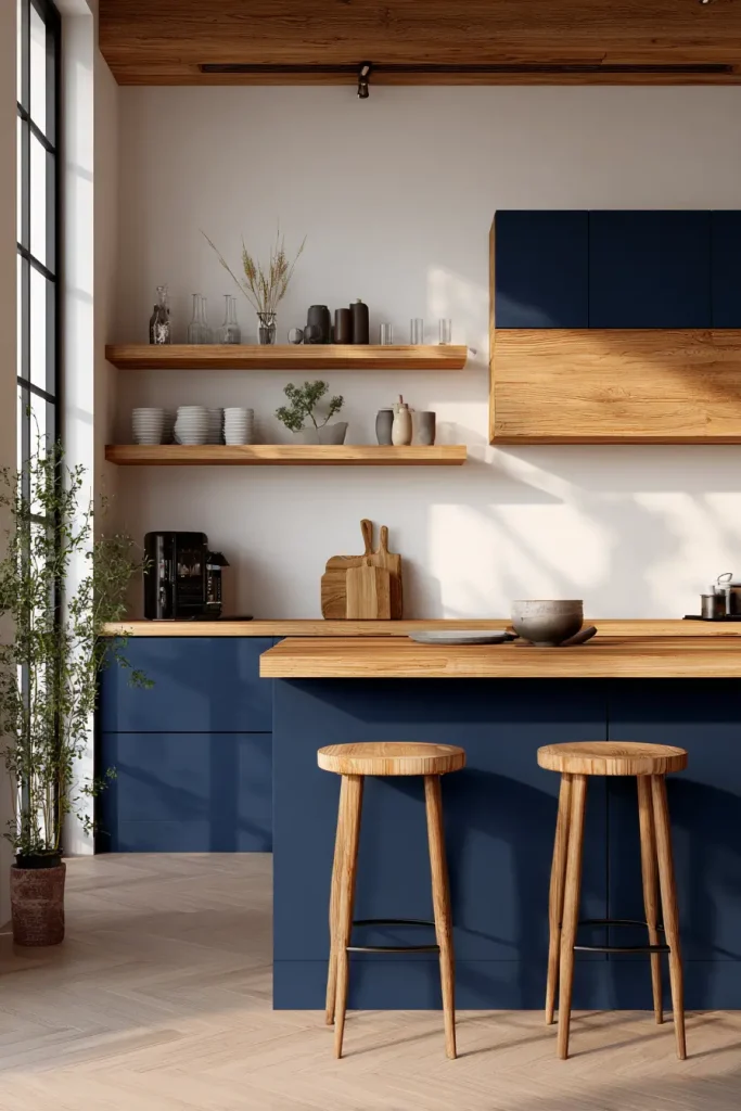 6. Mix Blue Cabinets with Natural Wood for Warmth