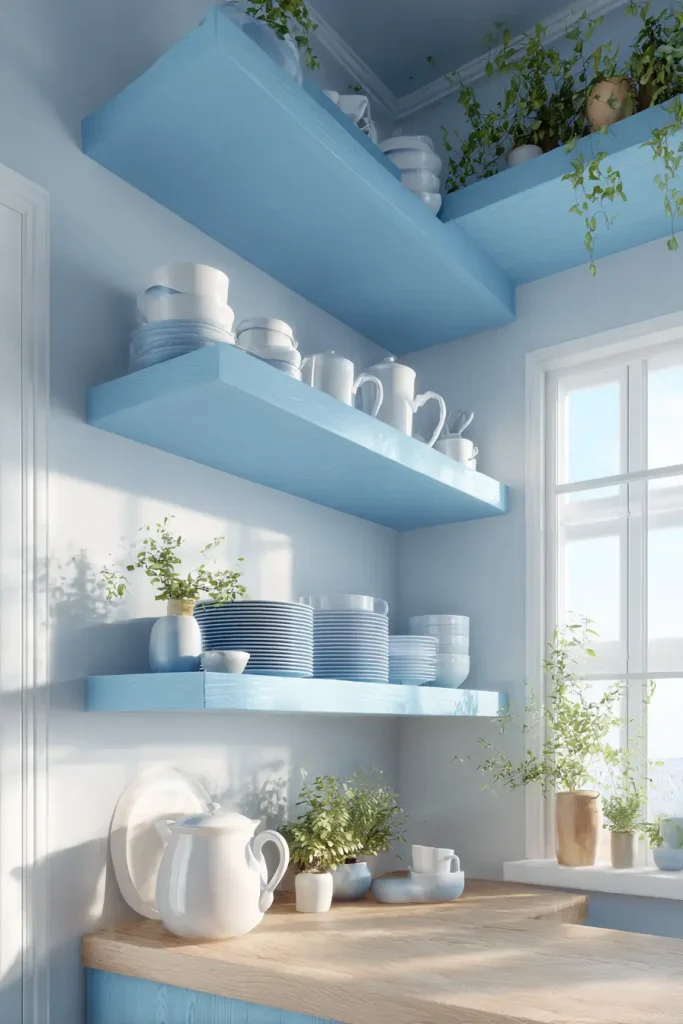 7. Add Sky Blue Open Shelving for a Quick Refresh