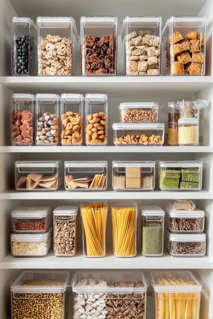 1. Use Clear Storage Bins to Create Pantry Zones