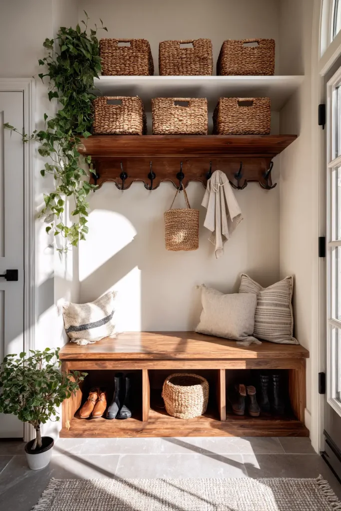 16. Add Open Shelving Above the Bench for Extra Storage