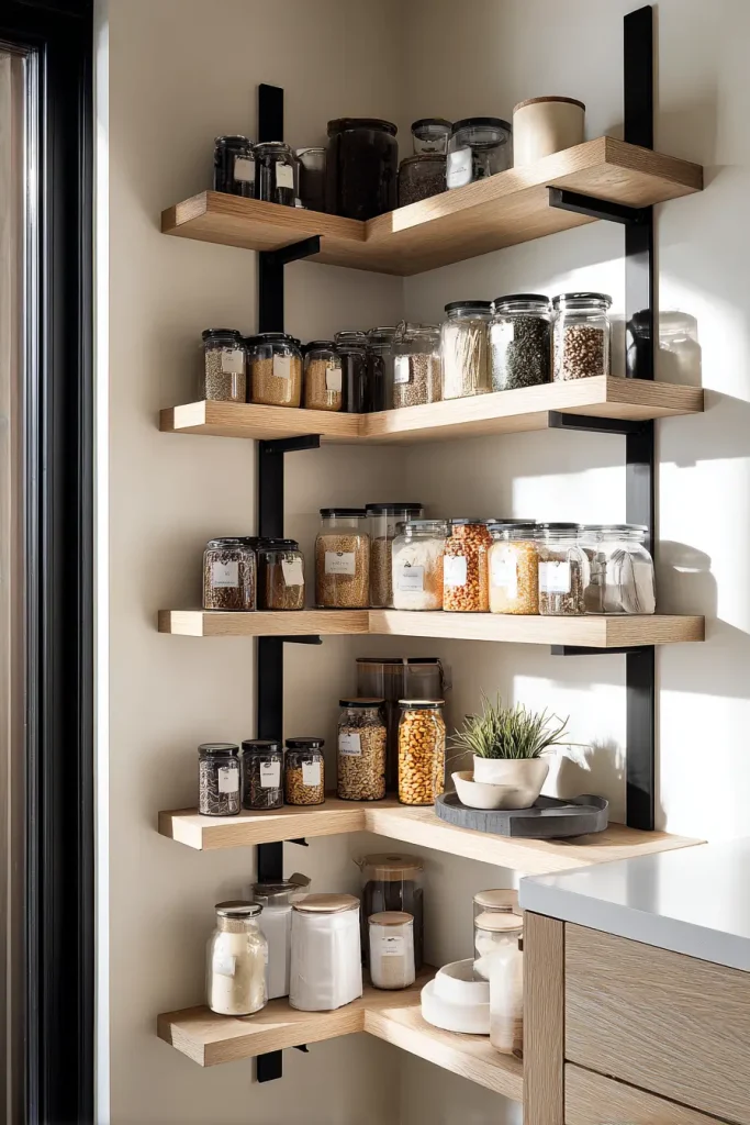 7. Design an Open Corner Pantry That Doubles as Decor