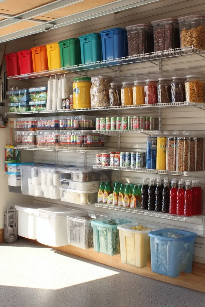 A Garage Wall Shelving System as Overflow Pantry
