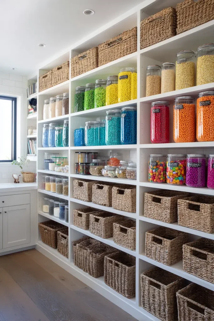 An Open Shelving Wall Unit as a Pantry