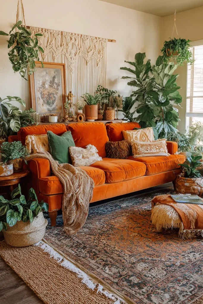  Bohemian Living Room With an Orange Couch, Textiles, and Plants
