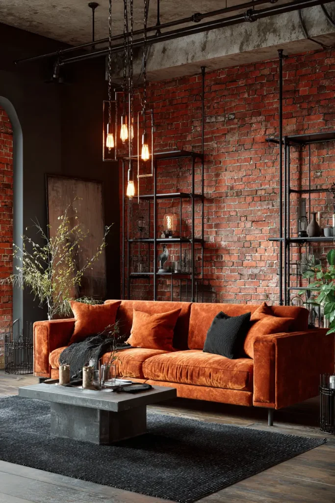 Industrial Style With an Orange Velvet Sofa, Exposed Brick, and Metal Accents