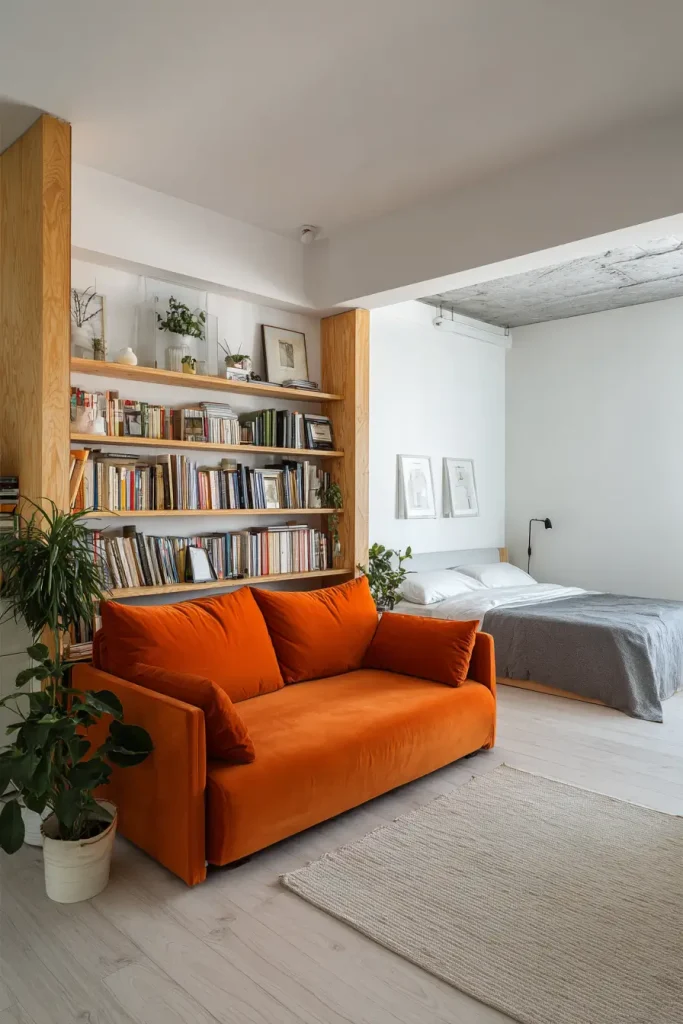 Use an Orange Loveseat as a Room Divider in a Studio