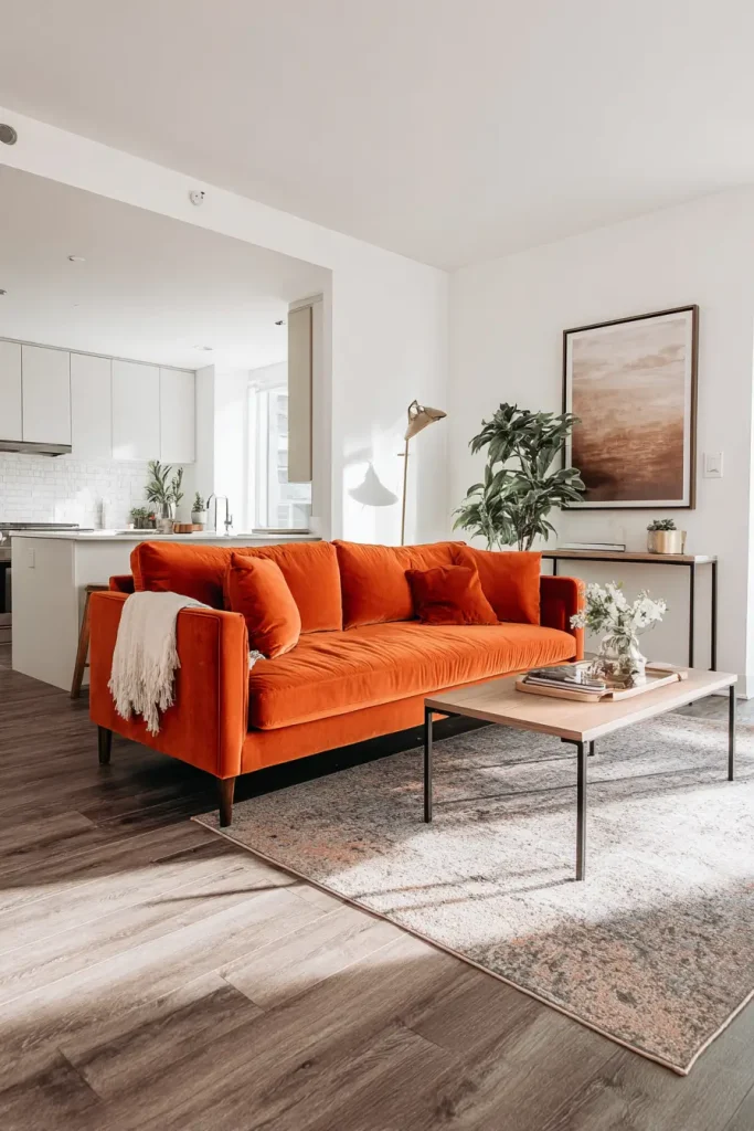 Use an Orange Couch to Zone a Seating Area in an Open Plan Space