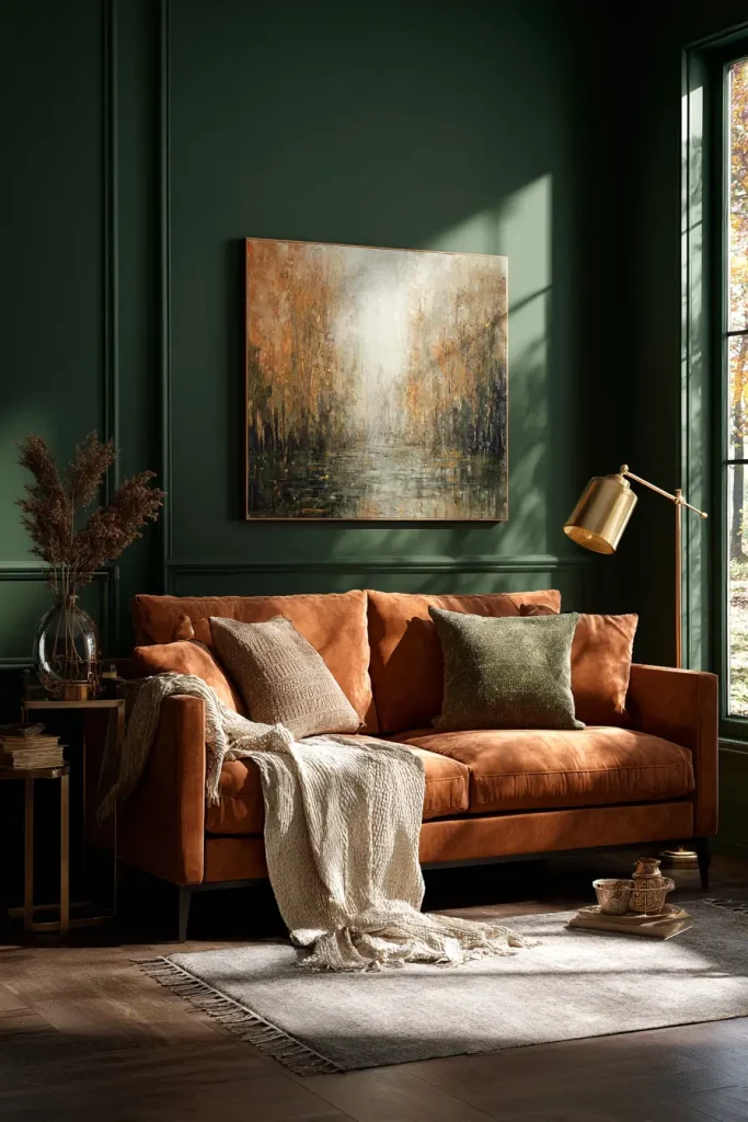 Deep Forest Green Walls With an Orange Sofa
