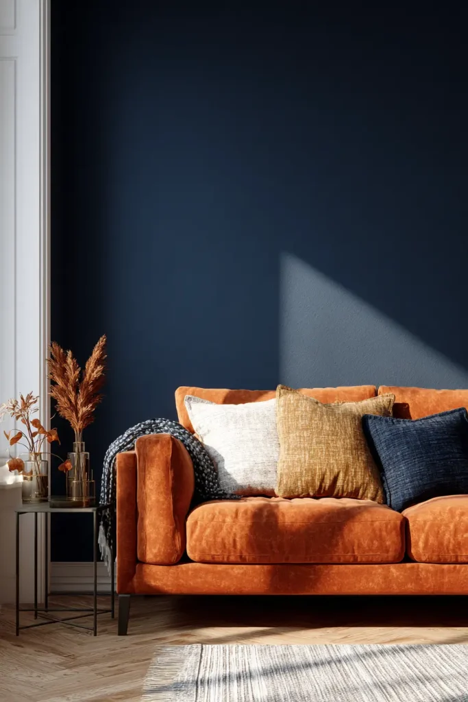Navy Blue Walls With an Orange Sofa