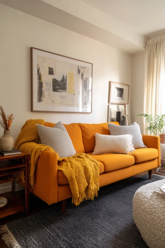 Mustard Yellow Accents With an Orange Sofa