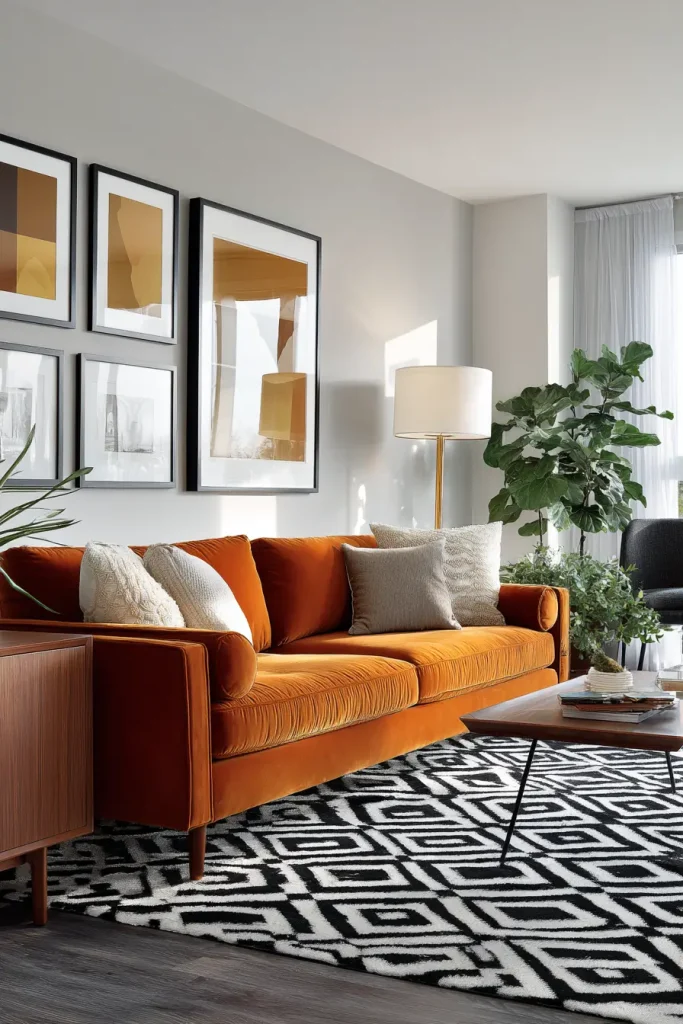 Mid-Century Modern Orange Sofa With Walnut and a Geometric Rug