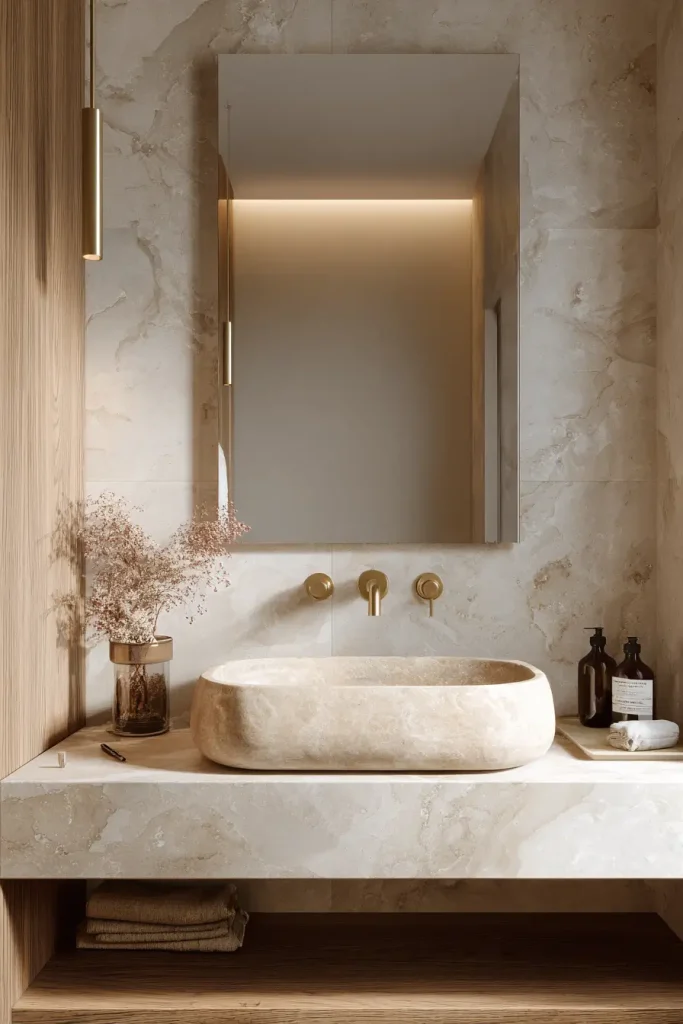1. Warm neutrals make small bathrooms feel softer