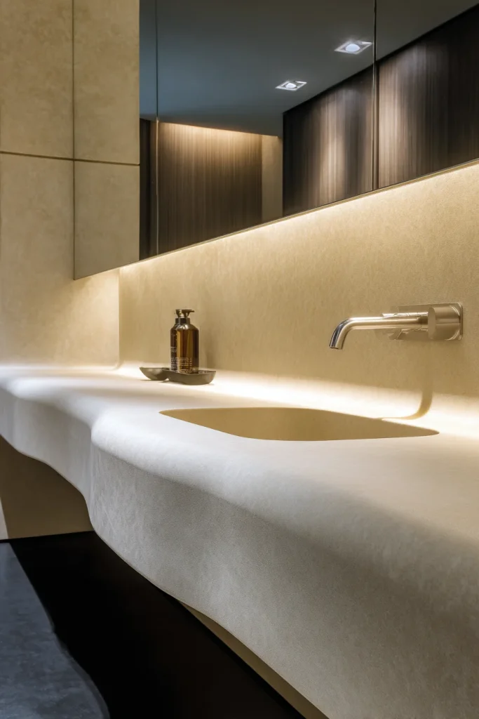 10. No Vanity Top – Integrated Solid Surface (Corian, Hi-Macs)
