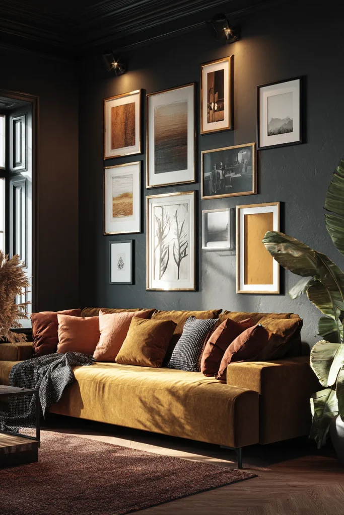 11. Add a Single Dark Moody Gallery Wall (Black Frames, Warm Art)