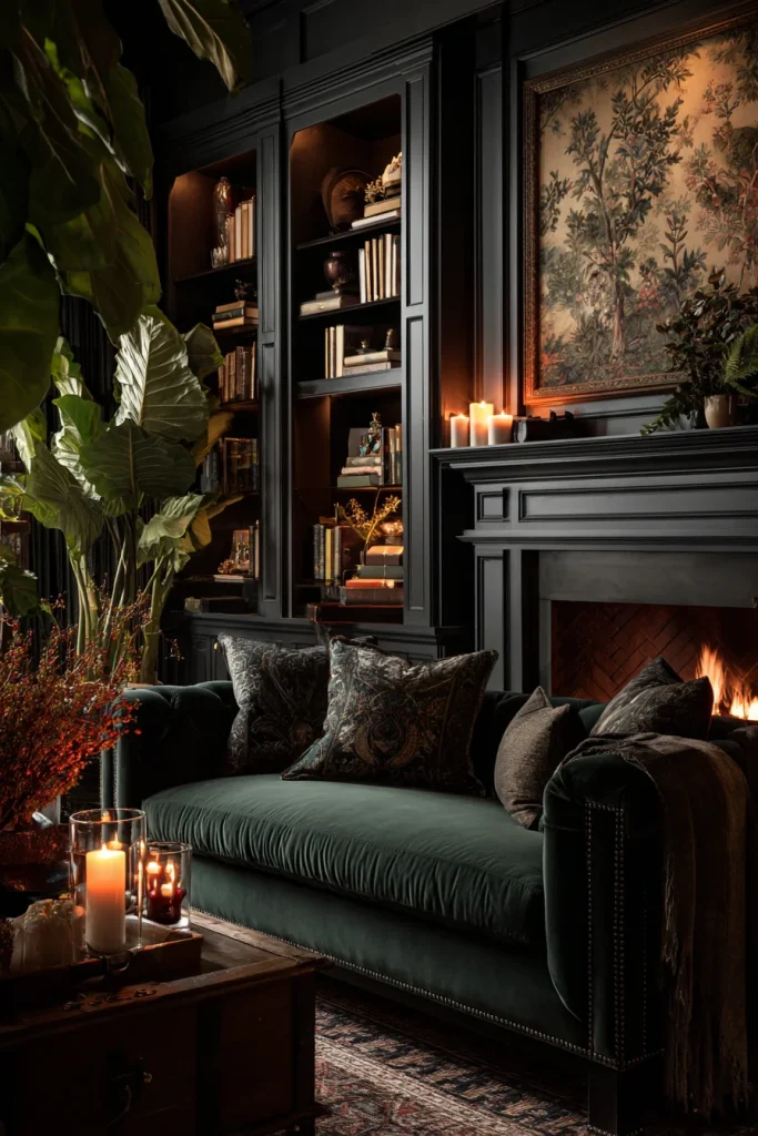 16. Use Bookcases Backed with Wallpaper (Dark Floral or Grasscloth)