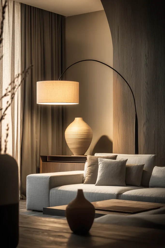 3. Asymmetrical Lighting: One Arc Lamp, One Table Lamp