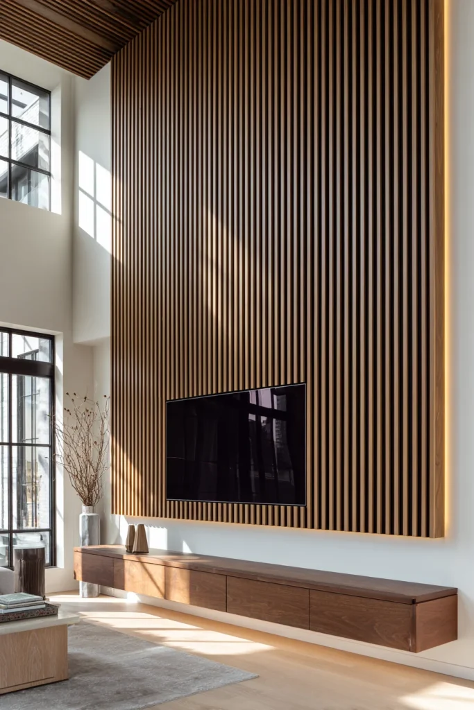 3. Textured Slat Wall as a TV Backdrop