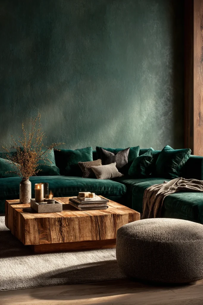 4. Add Warmth with Texture (Velvet, Bouclé, and Oxidized Wood