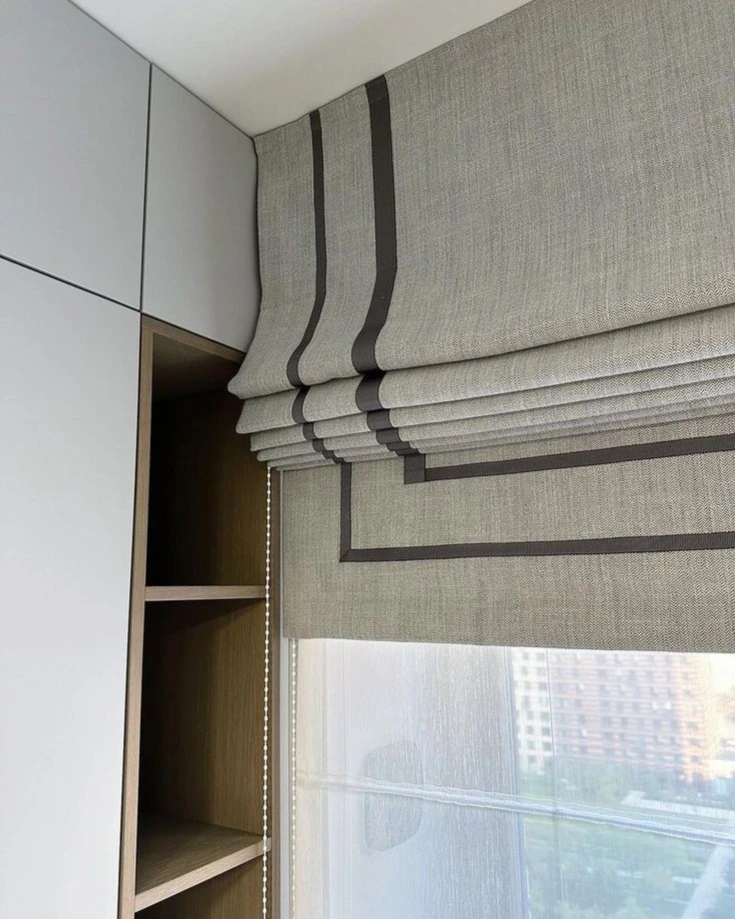 6. The Color Pop: Bold Roman Shades + Neutral Drapes