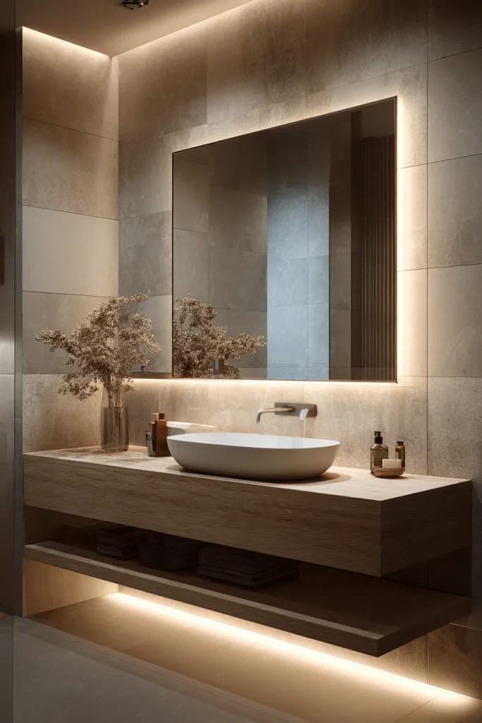 8. Backlit Anti-Fog Mirrors Integrated into Vanity Backsplash